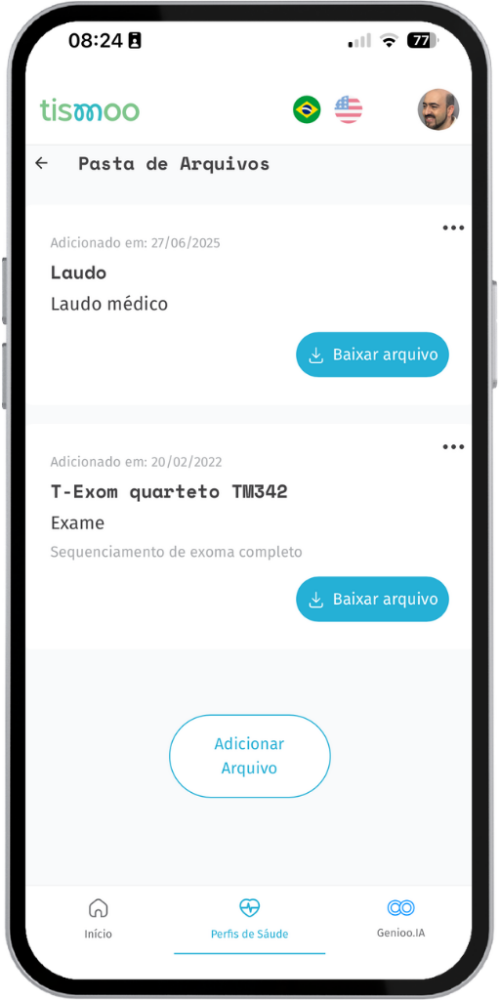 Laudos, exames e documentos no app